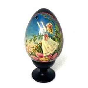 Vtg Hand Painted Lacquered Egg & Black Stand Girl Bird Flower Butterfly Signed